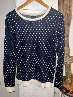 Tommy Hilfiger Navy Polka Dot Long Sleeve Crewneck Sweater with Cream Trim